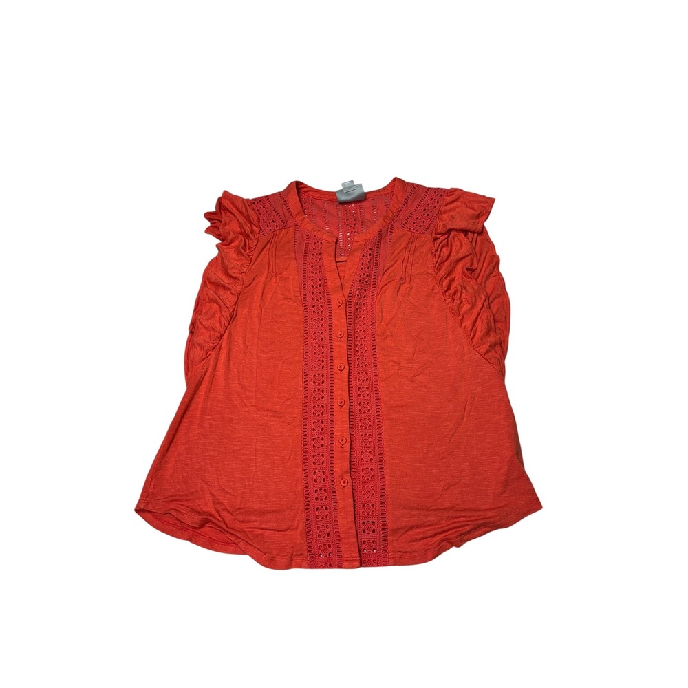 Maeve Anthropologie Orange Red Eyelet Lace Ruffle Sleeveless Blouse Womens M